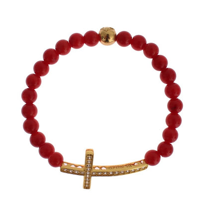 Red Coral Gold CZ Cross 925 Silver Bracelet - Nialaya - BlueBird Crown