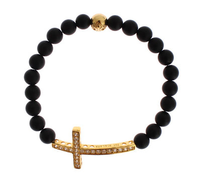 Matte Onyx Stone Gold CZ Cross 925 Silver Bracelet - Nialaya - BlueBird Crown